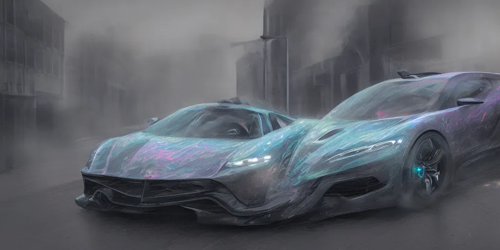Prompt: full view of a sport car, surrounded in a detailed smoke, wet street, painted in dark color holographic pearlescent, elegant, digital painting, concept art, smooth, sharp focus, art style from Wang Ke and Greg Rutkowski and Bruce Kaiser and Scott Robertson and Dmitry Mazurkevich and Doruk Erdem and Jon Sibal, small style cue from Mad Max
