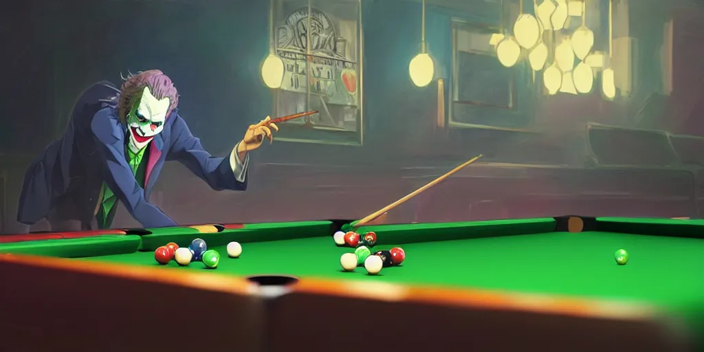 Image similar to the joker playing pool, magical, bright, colorful, fantastic lighting, amazing details, 4 k uhd, illustration by hayao miyazaki and makoto shinkai and ilya kuvshinov, artstation, pixiv,