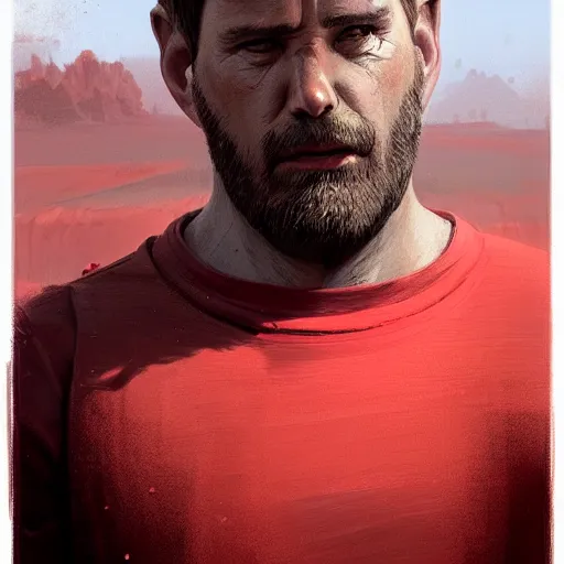 Image similar to portrait of a half man half pig with red shirt ,digital art,photorealistoc,art by greg rutkowski,hyperdetailed,western comic style,comic,comic style,sharp lineart,professional lighting,deviantart,artstation,trevor henderson,rossdtaws,cinematic,dramatic