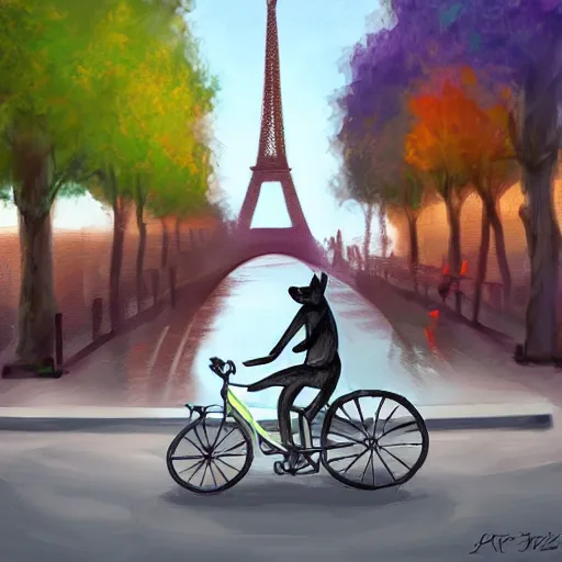 Image similar to artstation digital painting, a dog riding a bike in paris