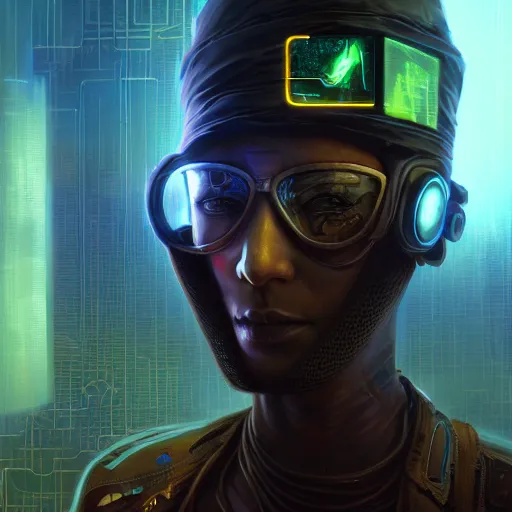 Image similar to a mursi cyberpunk hacker, steampunk stargate by greg rutkowski and android jones in a surreal portrait style, oil on canvas, ancient cyberpunk 8k resolution