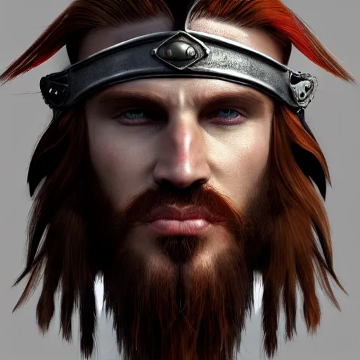 Prompt: male valhalla viking headgear and symmetrical handsom face with flaming red hair, fine detail, texture, trending on artstation, hyperreal, bold, vibrant