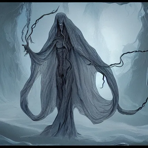 Image similar to concept designs for an ethereal ghostly wraith like figure with a squid like parasite latched onto its head and long tentacle arms that flow lazily but gracefully at its sides like a cloak while it floats around a frozen rocky tundra in the snow searching for lost souls and that hides amongst the shadows in the trees, this character has hydrokinesis and electrokinesis for the resident evil village video game franchise with inspiration from the franchise Bloodborne and the mind flayer from stranger things on netflix