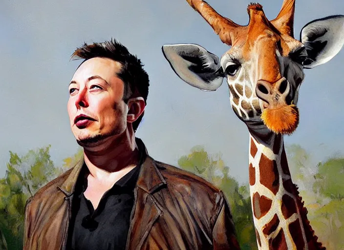 Image similar to a highly detailed beautiful portrait of elon musk with a giraffe, by gregory manchess, james gurney, james jean