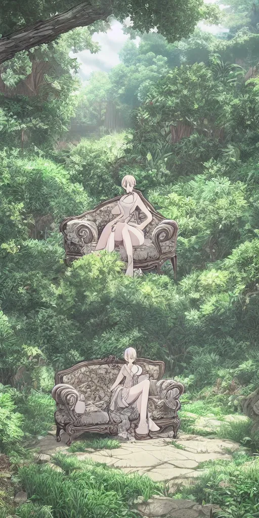 Image similar to landscape shot of a highly detailed queen sitting by herself on a sofa in a forest, drawn by CloverWorks, elegant, beauty,
