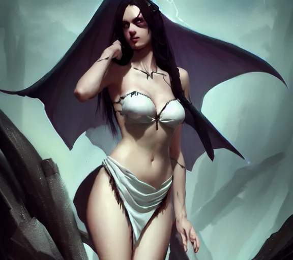 Image similar to morrigan aenslandcasting magic, a charming succubus, strapless dress, fantasy, d & d, by greg rutkowski and raymond swanland, sharp focus, trending on artstation, 8 k realistic digital art, cryengine, symmetric, sharp focus, concept art, frostbite 3 engine