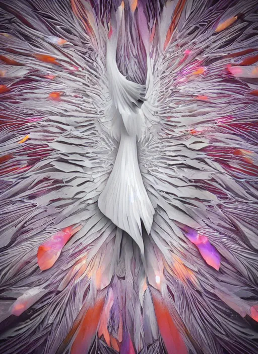 Image similar to white phoenix orange pink salt crystals sharp detail 3d render simple background sharp contrast feathers graphic design fai khadra gaika style