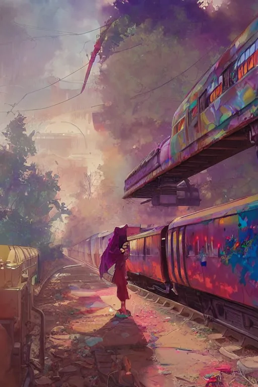 Image similar to trains covered colorful graffiti with paint drip, greg rutkowski, and moebius and loish and artgerm, painterly, illustration, backlit, beautiful artist rendering, gorgeous, masterpiece