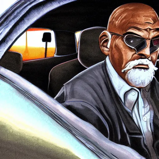 Image similar to old man in car holding gun, gta san andreas art