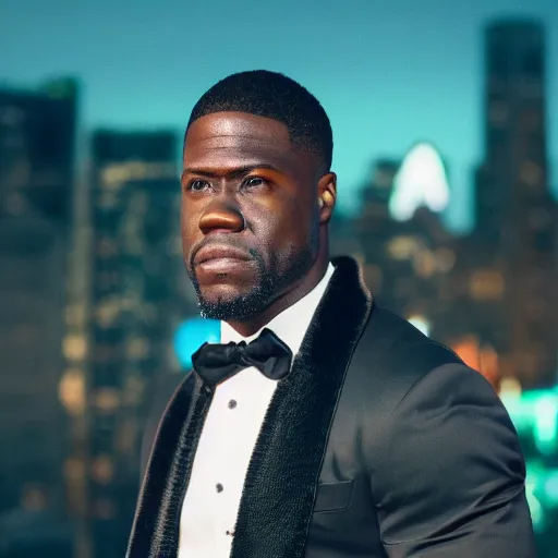 Prompt: a still of Kevin Hart. Shallow depth of field. City at night in background, lights, colors ,studio lighting, mood, 4K. Profession photography