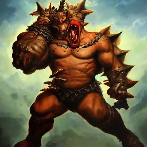 Prompt: A portrait painting of Bowser in the style of Frank Frazetta, 4k, Highly Detailed, Dark Fantasy, Epic Lighting