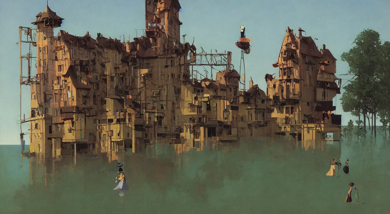 Image similar to single flooded simple falling leaning weird strange odd wooden tower, very coherent and colorful high contrast!! masterpiece by rene magritte simon stalenhag carl spitzweg syd mead norman rockwell edward hopper james gilleard, minimalist, dark shadows, sunny day, hard lighting