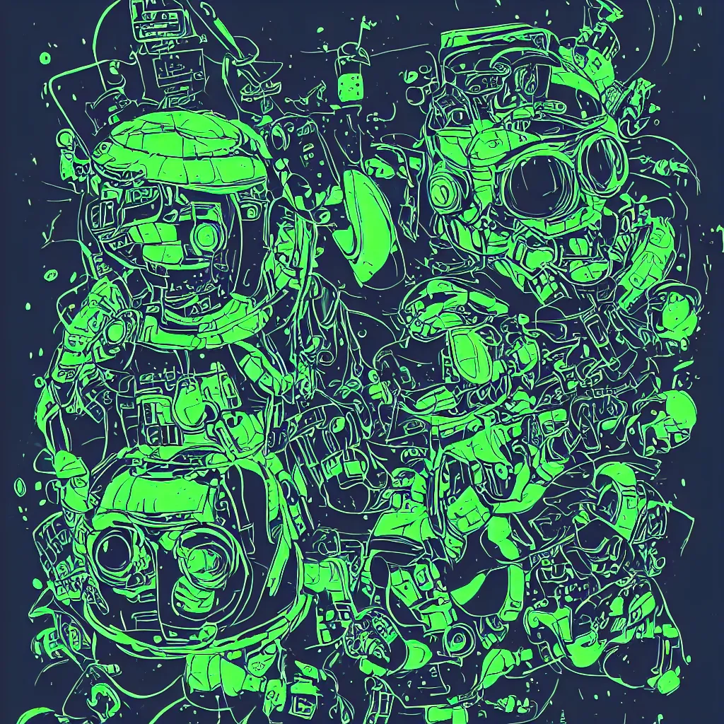 Image similar to a toad wearing headphones, ryuta ueda artwork, breakcore, style of jet set radio, y 2 k, gloom, space, cel - shaded art style, sacred geometry, data, code, cybernetic, dark, eerie, cyber