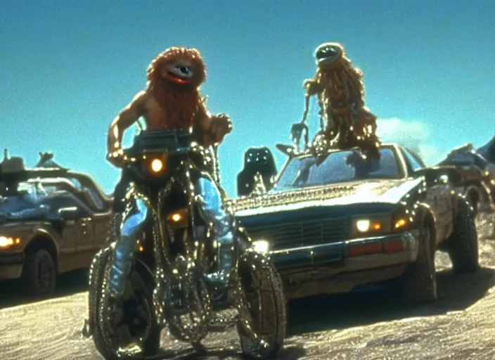 Prompt: scene from the 1 9 8 5 science fiction film muppet mad max beyond thunderdome