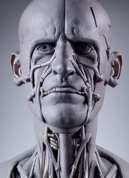 Image similar to a bust sculpture of anatomical detailed cyborg, steve carell, blue blood, become human, ceramic base, orthographic, studio lighting