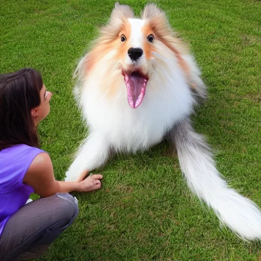 Image similar to a giant Sheltie is looking down at it's ant sized human owner