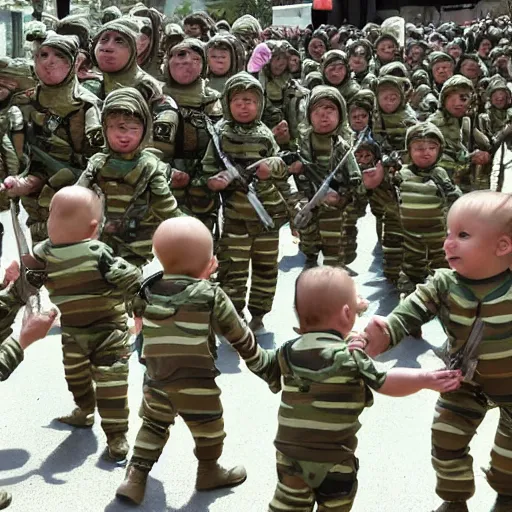 Prompt: Army of babies armed with m16 rifles overthrowing the government