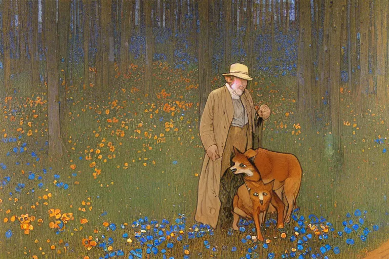 Image similar to landscape art nouveau painting of an old man dressed as a farmer and his fox in the forest, by alphonse mucha and gustav klimt and antoni gaudi, masterpiece,, warm shades of blue, silver, orange, gold, and pink, oil painting, high resolution, very detailed, oil on canvas, trending on artstation