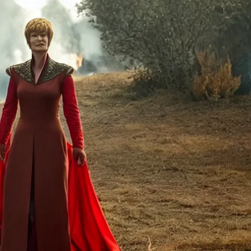 Image similar to cersei lannister emerging from geen wildfire