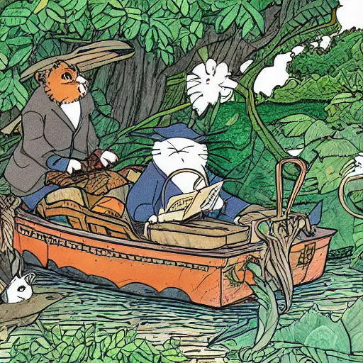 Prompt: colored illustration, for The Wind in the Willows, in style of studio ghibli