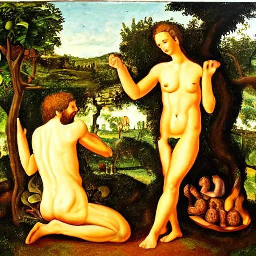 Image similar to adam and eve in the garden of eden, oil painting