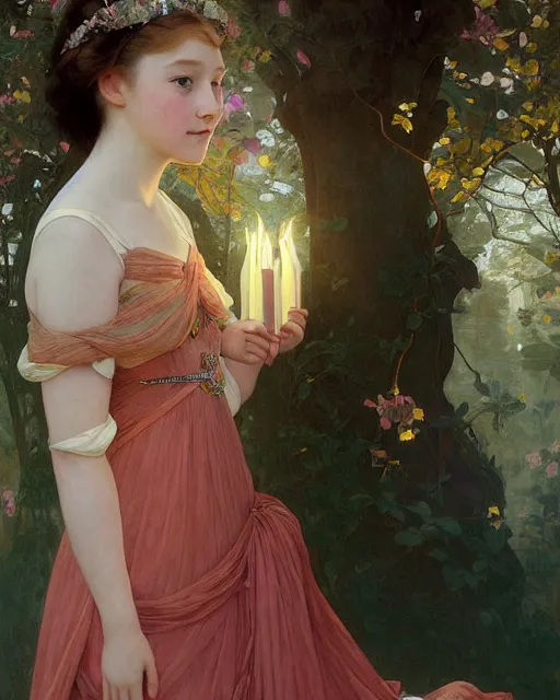 Image similar to a portrait painting of a shy, blushing princess resembling 1 4 - year old saoirse ronan in a tiara and an iridescent art nouveau gown watching the lantern festival, intricate, elegant, highly detailed, artstation, concept art, by krenz cushart and artem demura and william adolph bouguereau and alphonse mucha