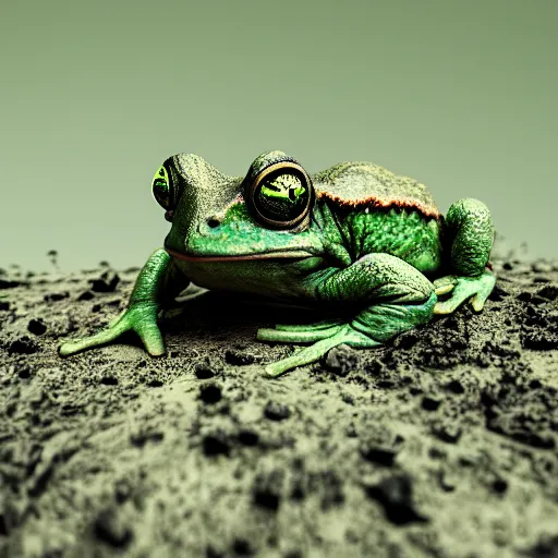 Prompt: a warty green toad sitting in some mud, 4 k, octane render, 3 d art