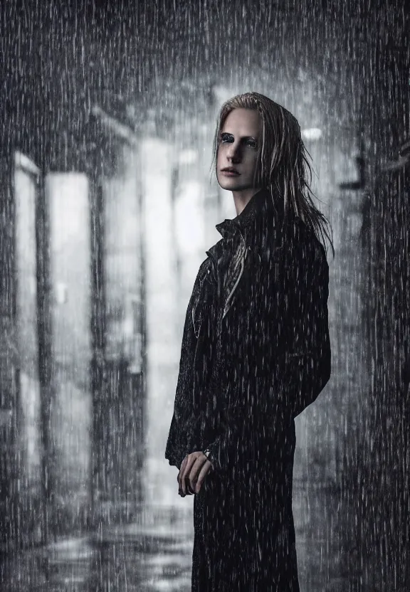 Prompt: cosmopolitan model annie leonhart posing in dunwall city, beautiful face, detailed face, realistic eyes, cinematic lighting, rainy weather, melancholy atmosphere, volumetric light, gothic architecture, realistic reflections, model agency, instagram photo, depression atmosphere, shot on sony a 7 iii