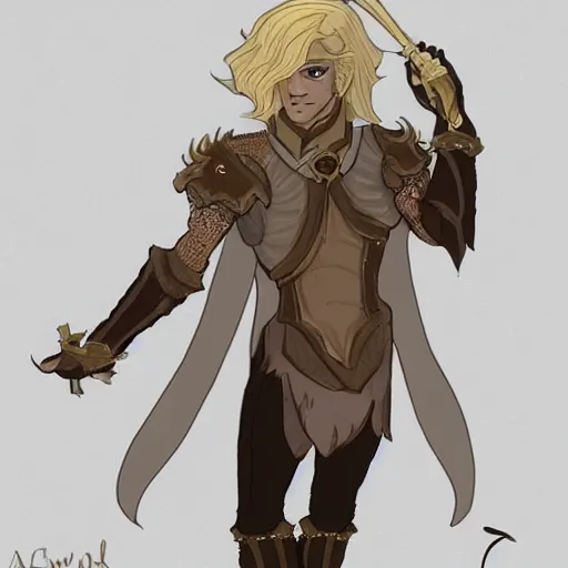 Image similar to a refined dnd satyr with flowy blonde hair, hes very confident wearing some leather armor and a set of pan flutes, very fancy, refined materials