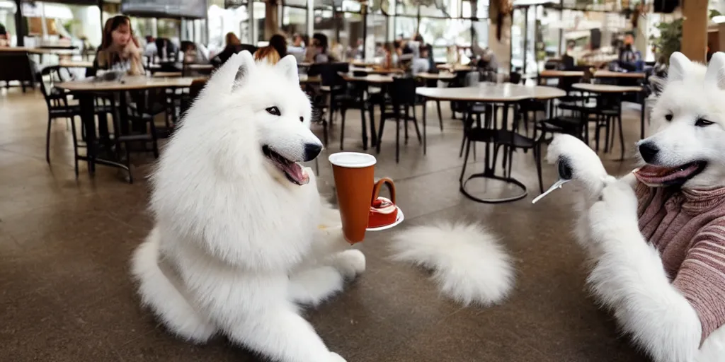 Image similar to a samoyed drinking coffee in the cafe, looks very enjoyable