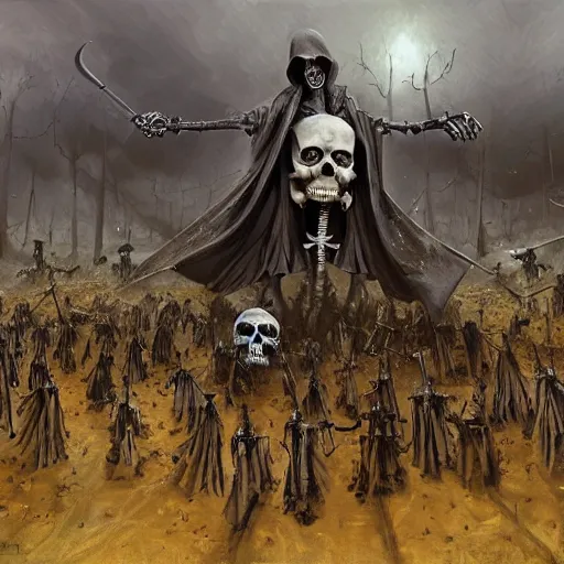 Prompt: a grim reaper, with a skeleton army, surrounded by magic, hd, by stefan koidl