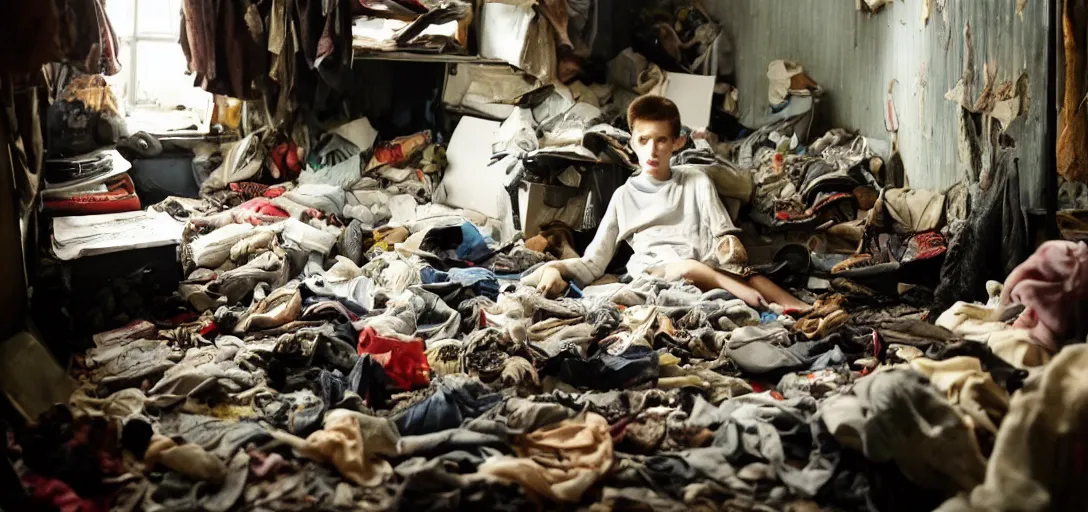 Image similar to a teenage boy at his back entering in a hoarder's room, dark atmosphere