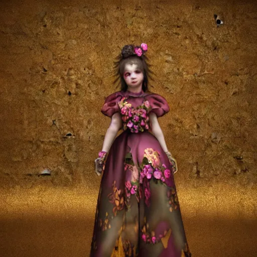 Image similar to 8k, octane render, realism, tonalism, renaissance, rococo, baroque, portrait of a young lady wearing long harajuku manga dress with flowers and skulls, background chaotic gold leaf flowers