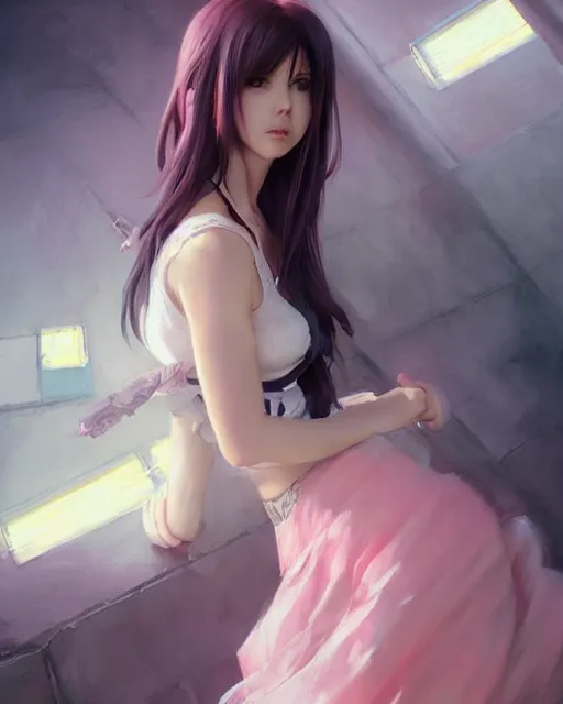 Image similar to tifa lockhart in pastel pink lace skirt, portrait, illustration, rim light, top light, perfectly shaded, soft painting, art by ross tran, krenz cushart and wenjun lin