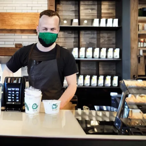 Image similar to jesus working at starbucks behind the counter