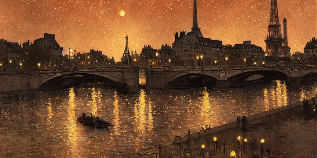 Image similar to a view from the amstel river in paris at night with the sky full of stars, intricate, elegant, highly detailed, digital painting, artstation, concept art, smooth, sharp focus, colored illustration for tattoo, art by krenz cushart and artem demura and alphonse mucha
