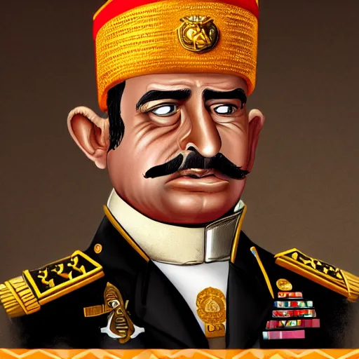 Prompt: a caricature of an angry south-american muscular army general wearing a thin golden forehead headband, having thick mustache, bald, orange skin, pear-shaped skull with the thicker part at the bottom, high-quality digital art