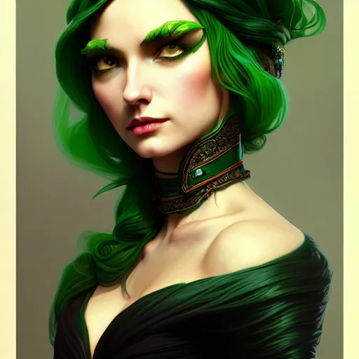 Image similar to aristocrat, green black orange color palette, black female, d & d, fantasy, intricate, elegant, highly detailed, long green hair, digital painting, artstation, octane render, concept art, matte, sharp focus, illustration, hearthstone, art by artgerm, alphonse mucha johannes voss