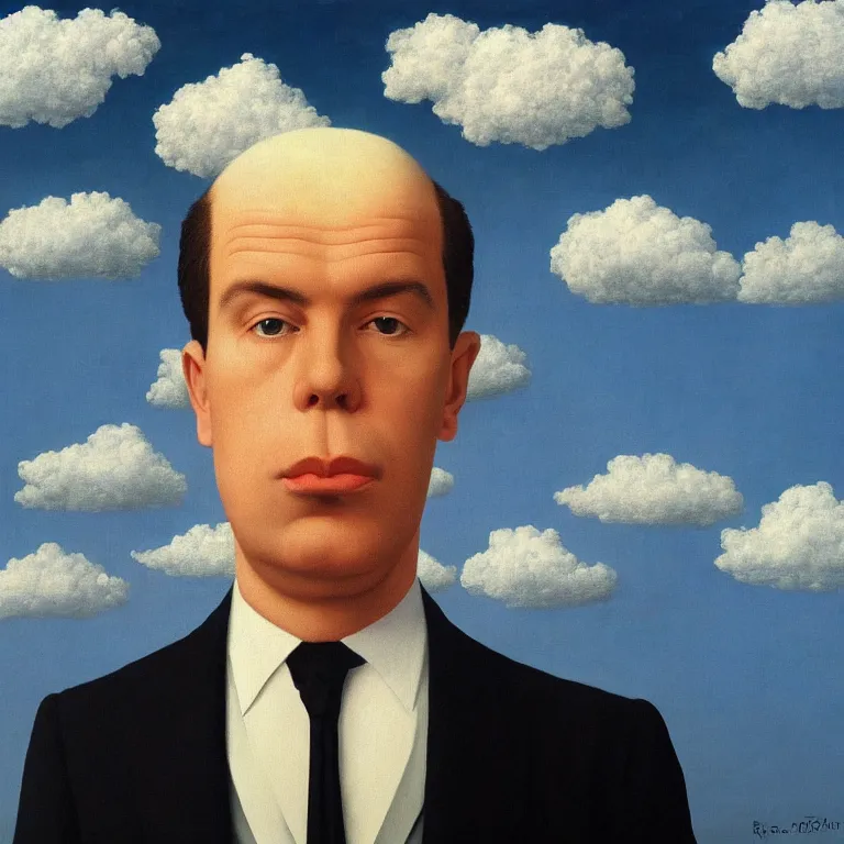 Image similar to portrait of a man made out of clouds in a suit, by rene magritte, detailed painting, hd, hq, high resolution, high detail, 4 k, 8 k