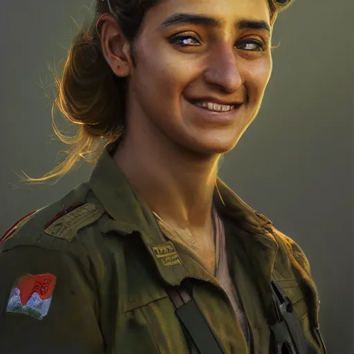 Image similar to a portrait of a happy Kurdish YPJ soldier, detailed, centered, digital painting, artstation, concept art, donato giancola, Joseph Christian Leyendecker, WLOP, Boris Vallejo, Breathtaking, 8k resolution, extremely detailed, beautiful, establishing shot, artistic, hyperrealistic, beautiful face, octane render