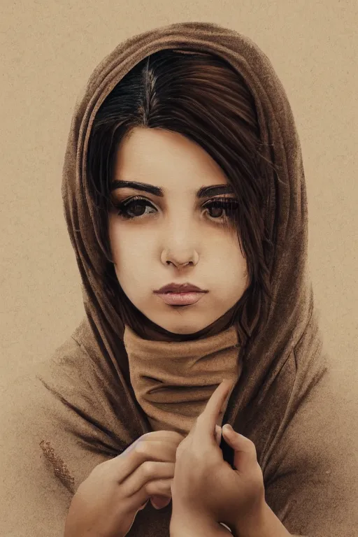 Prompt: short brown hair arab spanish shy young woman in beige hoodie, Diwani calligrapher using bamboo pen, cinematic lighting, hyper-detailed realistic, rule of thirds
