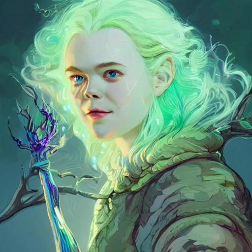 Prompt: a white - haired witch holding a gnarled staff, elle fanning, wisdom of the ages, glowing iridescent accents, digital apex legends illustration portrait, gorgeous lighting, wide angle action dynamic portrait, art by josan gonzalez, bright colors, green and gold palette, high contrast