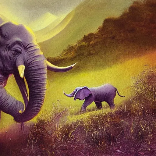 Prompt: purple elephant running in meadow, close up camera angle from an ant, raining, mountain behind meadow, menacing, illustration, detailed, smooth, soft, cold, by Adolf Lachman, Shaun Tan, Surrealism