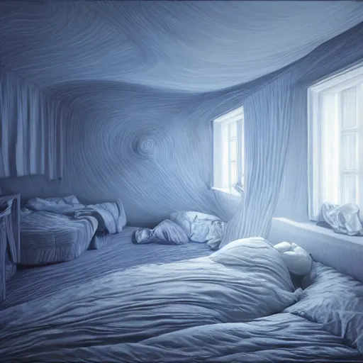 Image similar to illustration oil paint of a place where i can sleep forever in a bed of 1 0 0 0 cotton lines, silk sleep in heave for though eternity is the biggest mystery ever invented, creativity, intricate illustration of peace and faith, high detailed, octane render, volumetric shadows, 8 k, 4 0 mm, iso 1 0 0 wide view, super lens