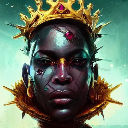 Prompt: a dark and ominous african moor with hypnotizing eyes and a golden crown with a ruby, Apex Legends character digital illustration portrait design, by android jones and greg rutkowski in a cyberpunk voodoo style, detailed, cinematic lighting, wide angle action dynamic portrait