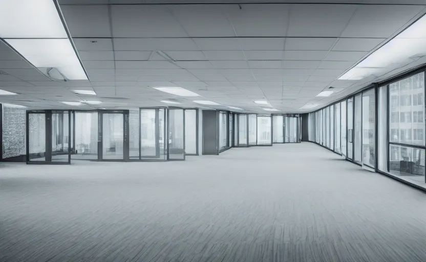 Prompt: an empty office building, illuminated, photography