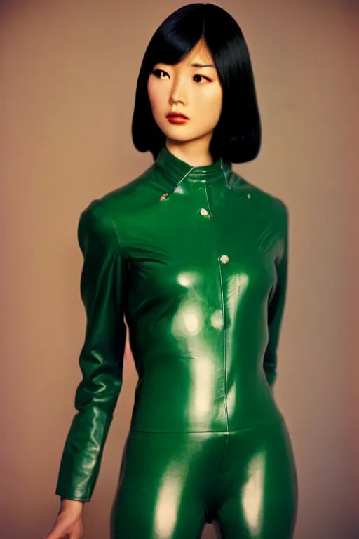 Prompt: ektachrome, 3 5 mm, highly detailed : incredibly realistic, youthful asian demure, perfect features, feminine cut, beautiful three point perspective extreme closeup 3 / 4 portrait photo in chiaroscuro style 1 9 7 0 s frontiers in flight green leather suit cosplay vogue fashion edition, nick night, show studio, no backdrop