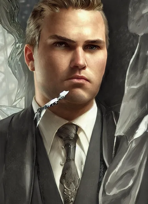 Prompt: wow! fanart throne of glass fantasy portrait of a clean - shaven chubby chubby chubby white man in a suit and tie, d & d, high fantasy, detailed, digital art, artstation, smooth, sharp focus, art by artgerm, greg rutkowski, alphonse mucha