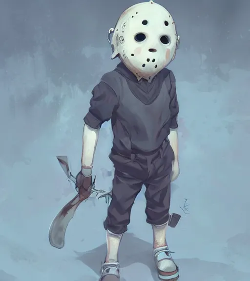 Image similar to beautiful little boy anime character inspired by jason voorhees and frankstein, art by rossdraws, wlop, ilya kuvshinov, artgem lau, sakimichan and makoto shinkai, concept art, anatomically correct, extremely coherent, realistic, smooth hd