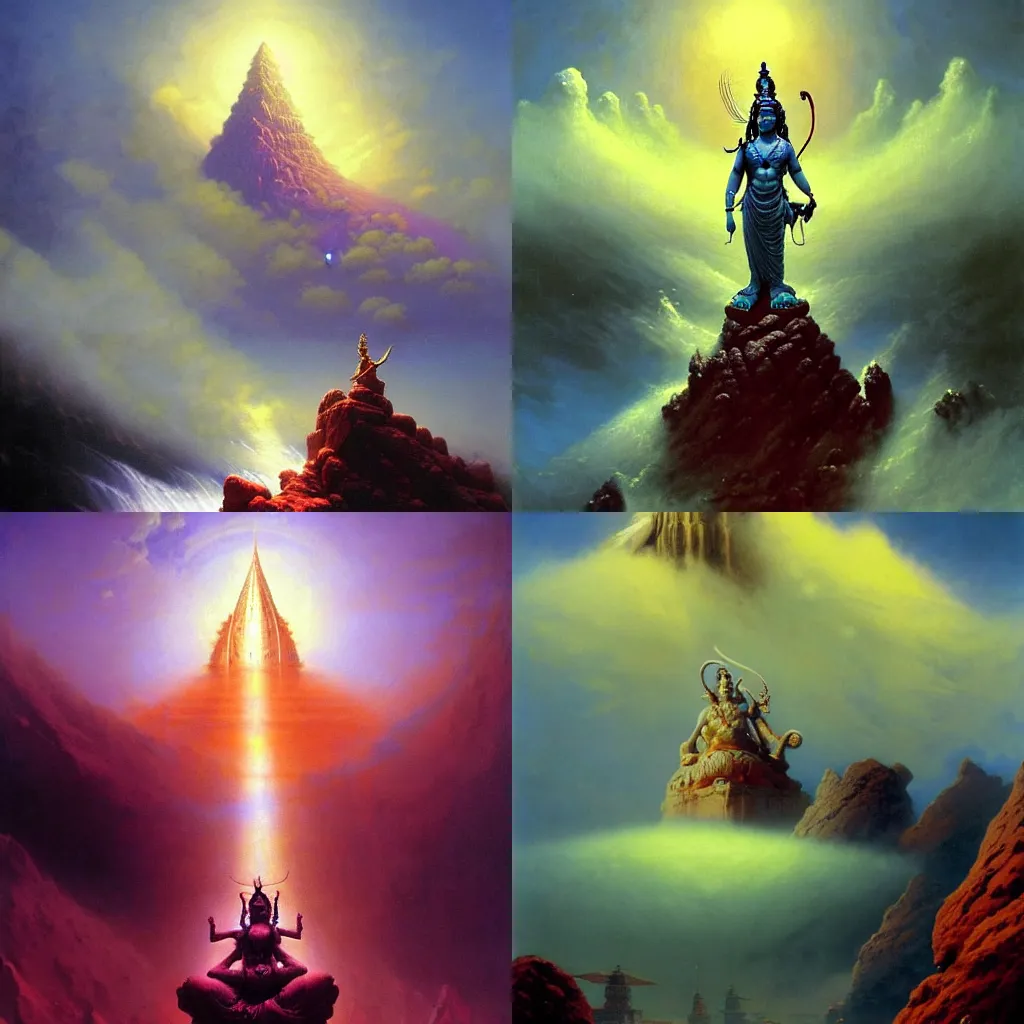 Prompt: An epic majestic hindu god Shiva from Amar Chitra Katha, by Wayne Barlowe, by Ivan Aivazovsky, by Bruce Pennington, by Paul Lehr, masterpiece, oil on canvas, trending on artstation, top on pixiv, cinematic composition, dramatic scene, beautiful aesthetic lighting, artgem, concept art, sharp, high details, hyper-detailed, astrophotography, no frames, 8K